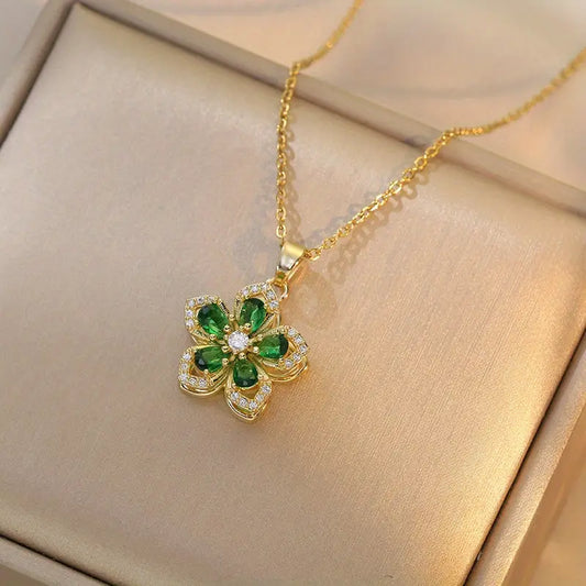 Collier À La Mode Et Tendance, Pendentif Fleur Rotatif, VERT